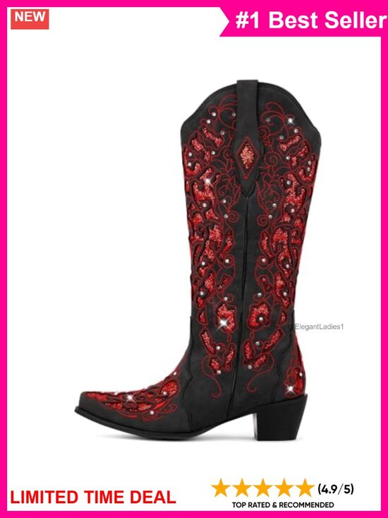 Shoes - Rhinestone Cowboy Boots Women Mid Calf Chunky Heel Leather Pull-On Western